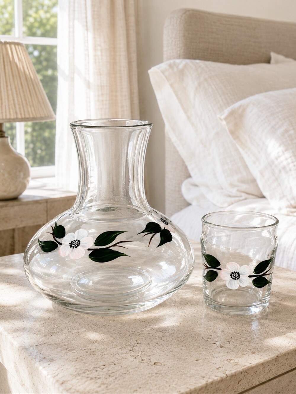 Vintage Hand Painted Floral Bedside Water Carafe Tumbler Tumble Up Set